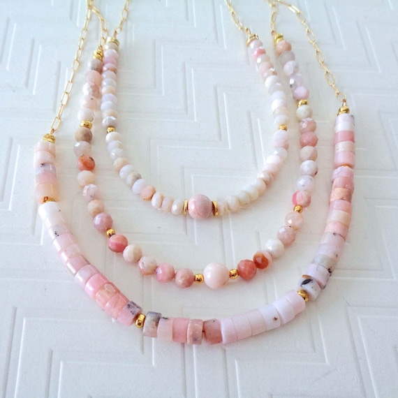Pink Opal and Gold-Fill Paperclip Necklace / October Birthstone Gift / Genuine Gemstone Jewelry