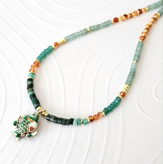 Green Enameled Fish Necklace with Green Jade, Carnelian, Aventurine in Gold