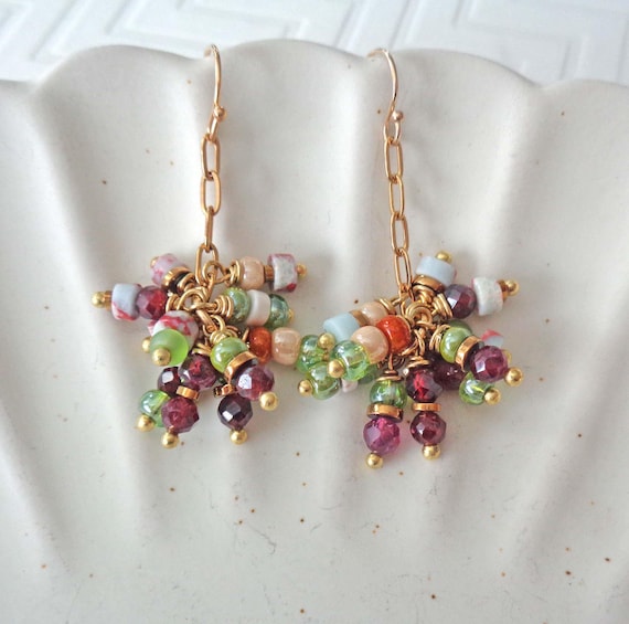 Colorful Drop Earrings / Cluster Puff Earrings / Garnet, Jasper, Green beads / Fun Green Red Gold Earrings