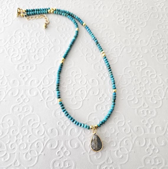 Dainty Turquoise and Labradorite Pendant Necklace Gold Accents