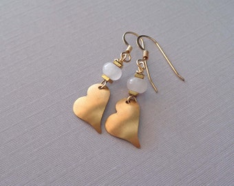 Valentines Day Heart Earrings / Rose Quartz Gold Heart Earrings / Heart Jewelry / Gift of Love and Friendship