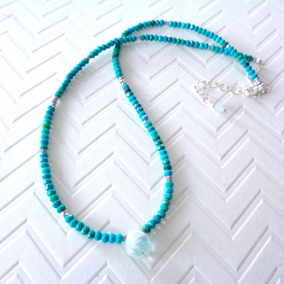 Dainty Turquoise and Aquamarine Necklace / Minimalist Turquoise Jewelry Sterling Silver
