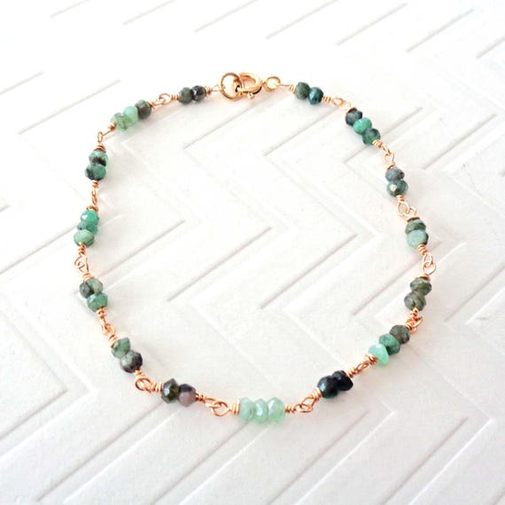 Wire-wrapped Ultra Dainty Shaded Emerald Gold Fill Bracelet / Genuine Emerald Jewelry / May Birthstone / Green Handmade bracelet