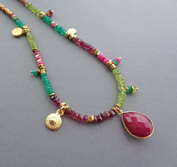 Colorful Ruby Necklace / Luxurious Ruby, Peridot, Garnet, Green Onyx Jewelry / July Gift / Unique Handmade Gift