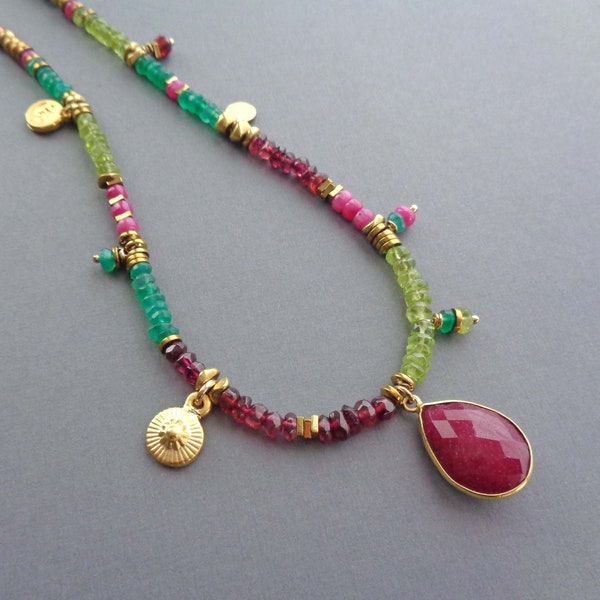 Colorful Ruby Necklace / Luxurious Ruby, Peridot, Garnet, Green Onyx Jewelry / July Gift / Unique Handmade Gift