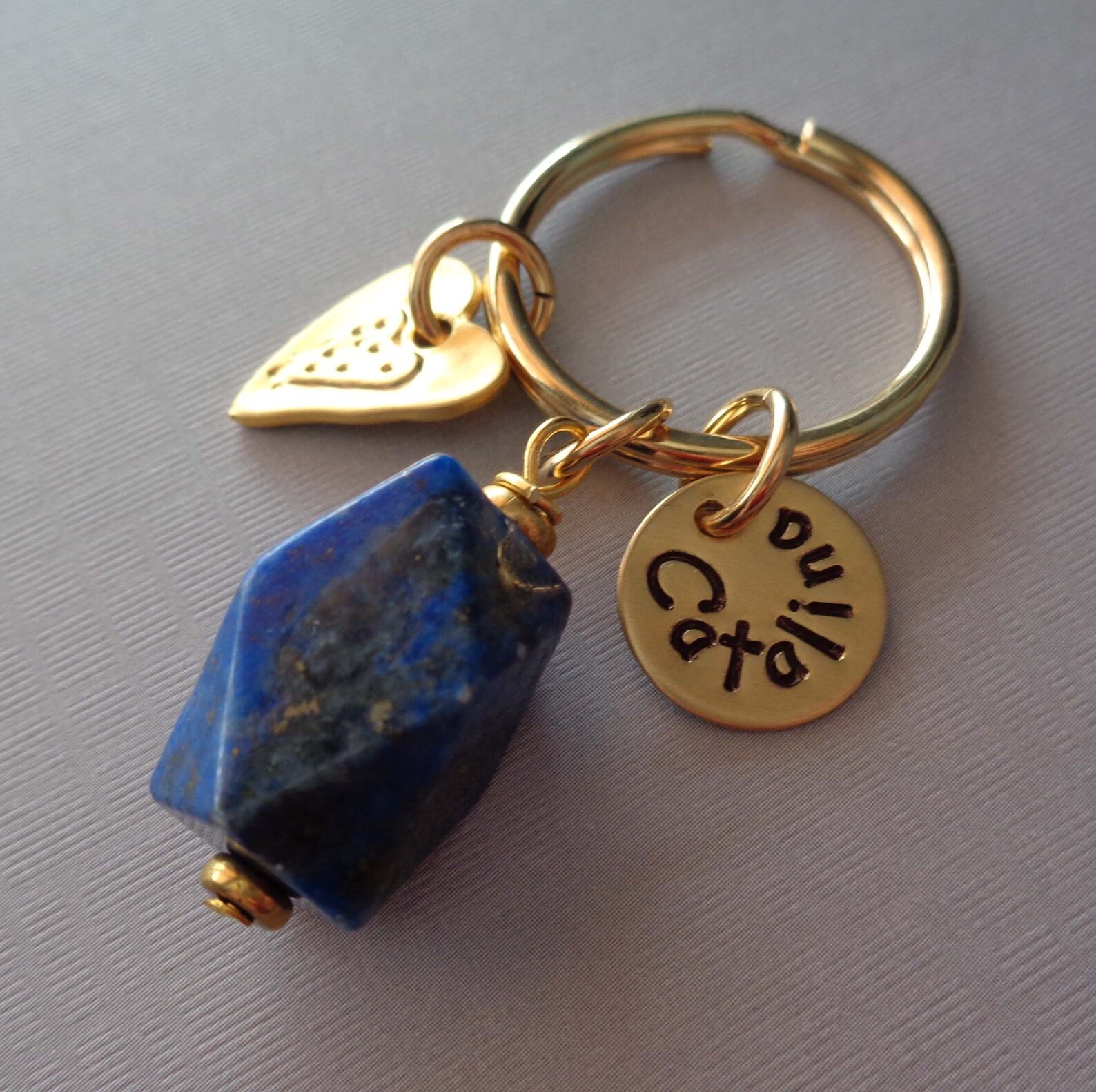 Lapis Lazuli Personalized Keychain / Heart Charm Gold Lapis / Etsy