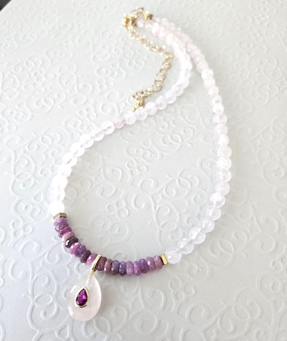 Ruby & Rose Quartz Pendant Choker Necklace / Glam Pink Red Jewelry