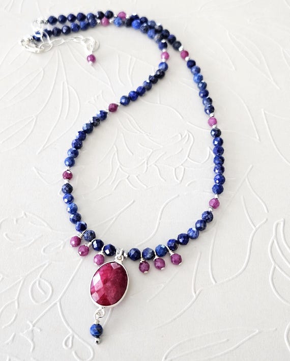 Ruby Pendant & Lapis Lazuli Necklace - Handmade Gift - July Birthstone