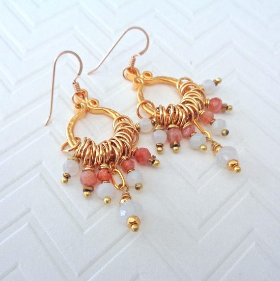 Sunstone & Moonstone Hoop Earrings / Fun Bright Gemstones / Sunstone Jewelry / Summer Resort Earrings / Orange White Jewelry
