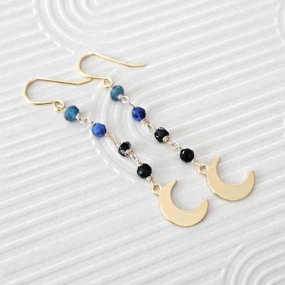 Night Sky Moon Earrings - Dangle Drops Apatite, Tourmaline, Iolite, Lapis Lazuli