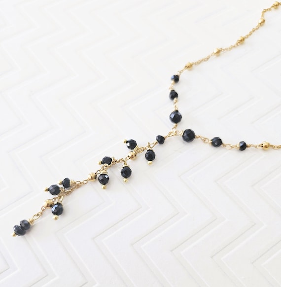 Black Tourmaline Y-Choker Necklace / Dainty Tourmaline Jewelry / Grounding Protection Necklace