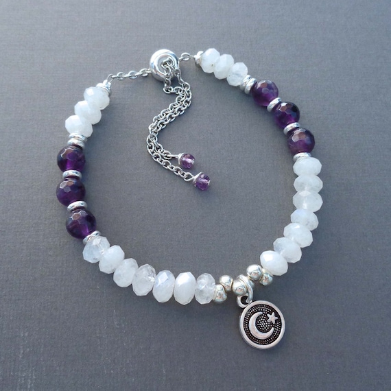 Moonstone and Amethyst Moon Bracelet / Third Eye Crown Chakra Meditation Stones / Spirit Connection Jewelry