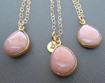 Genuine Pink Opal Necklace / Personalized Gold Initial / October Birthstone / Pink Stone Gold Necklace