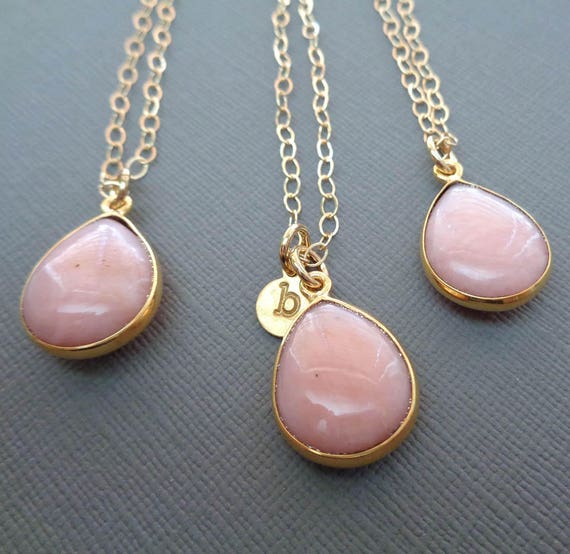 Genuine Pink Opal Necklace / Personalized Gold Initial / October Birthstone / Pink Stone Gold Necklace