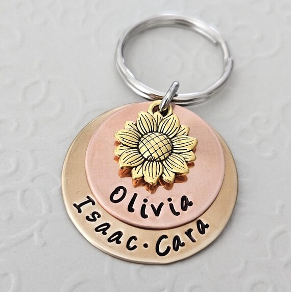 Sunflower Keychain - You are My Sunshine - Personalized Names Date Keychain - Rustic Wedding Gift - Symbol of Friendship Happiness