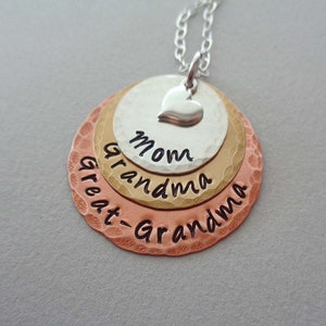 Hand Stamped Mom Grandma Great-Grandma Necklace: Sterling Silver Heart
