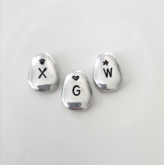 Stamped Initial Pebble with heart, paw, or star: Pewter Pocket Pebble