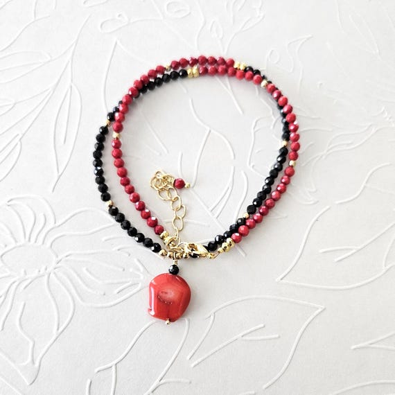 Coral and Black Spinel Necklace: Dainty Gold Jewelry