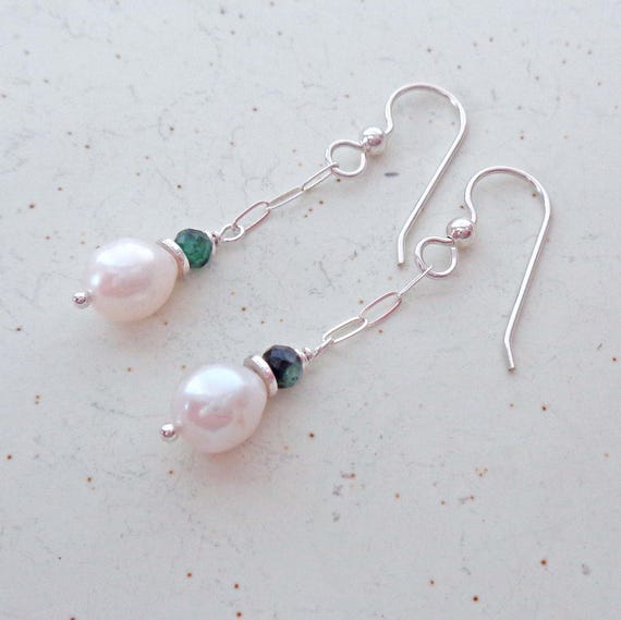 May Birthstone Earrings / Emerald and Pearl Drops / Sterling Silver or Gold-Fill