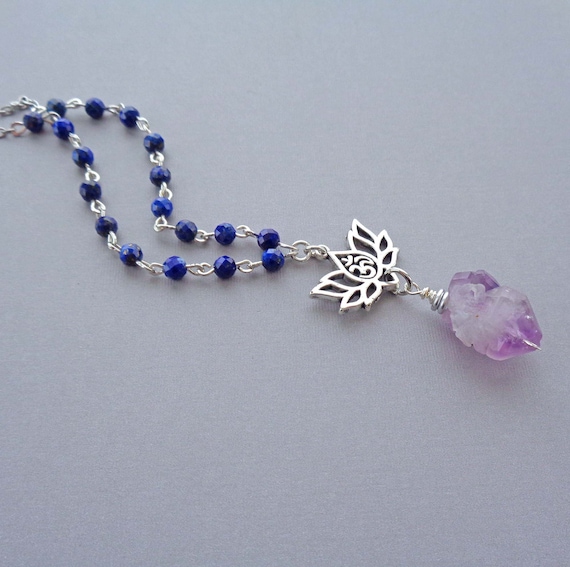 Amethyst Lapis Lazuli Lotus Om Necklace / Freeform Flower Amethyst Nugget / Metaphysical Healing Crystal Gift / Gemstone Necklace