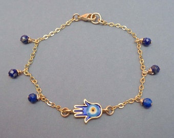 Dainty Gold Fill Hamsa Bracelet -Hand of Fatima - Lapis Lazuli Bracelet - Evil Eye Protection Jewelry