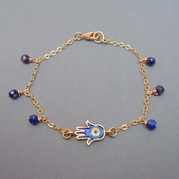 Dainty Gold Fill Hamsa Bracelet -Hand of Fatima - Lapis Lazuli Bracelet - Evil Eye Protection Jewelry