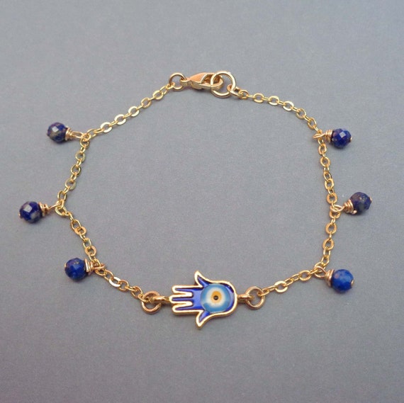 Dainty Gold Fill Hamsa Bracelet -Hand of Fatima - Lapis Lazuli Bracelet - Evil Eye Protection Jewelry