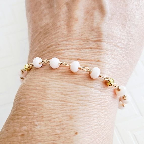 Pink Opal Gold Wire-Wrapped Bracelet / October Birthstone Gift / Handmade Dainty Gemstone Jewelry