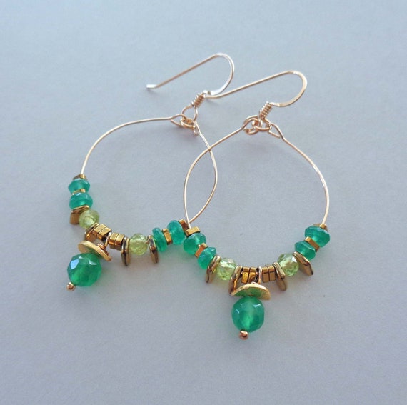 Green Onyx Peridot Gold Fill Hoops / Hand-formed Hoops / Spring Earrings Summer Jewelry/ Green Crystal Earrings