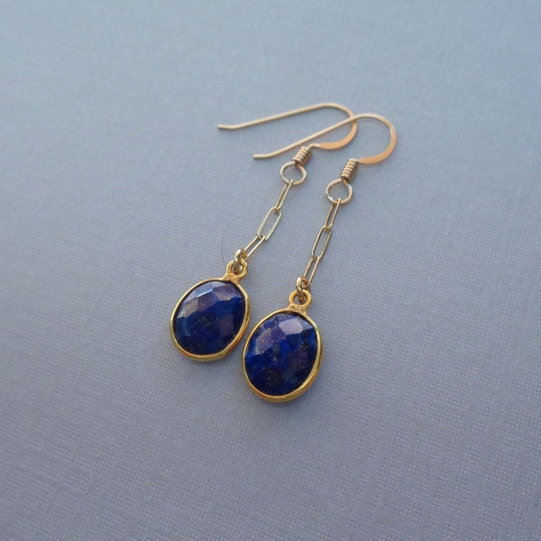 Lapis Lazuli Gold Earrings / Modern Lapis Dangles / Small Lapis Lazuli Drop Earrings / Genuine Dark Blue Stone