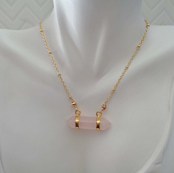 Rose Quartz Bar Necklace / Double Terminated Rose Quartz with Amethyst or Moonstone / Valentines Day Gift / Love Stone Gift