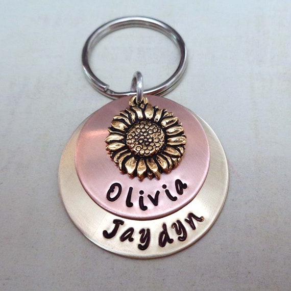 Sunflower Keychain - You are My Sunshine - Personalized Names Date Keychain - Rustic Wedding Gift - Symbol of Friendship Happiness