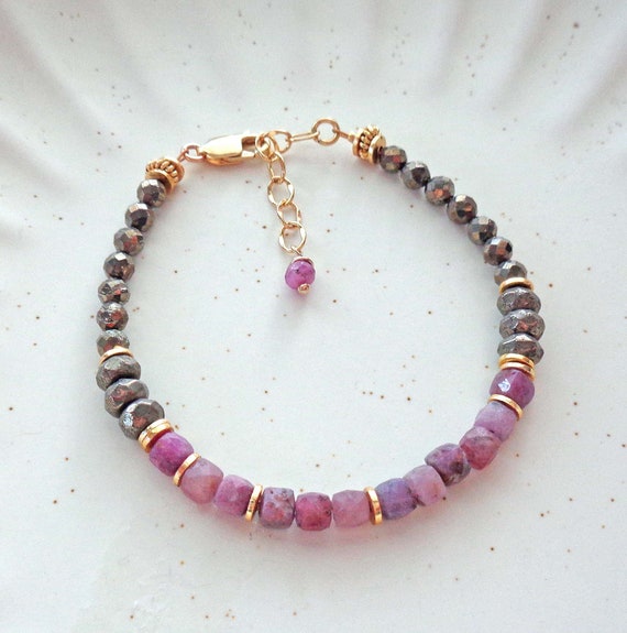 Pyrite and Natural Ruby Bracelet / Fancy Ruby Bracelet / Glam Ruby & Pyrite Gold Jewelry