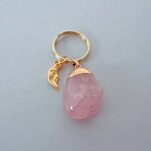 Tumbled Rose Quartz Keychain with Moon Charm / Valentines Gift / Pink Love Stone Gift