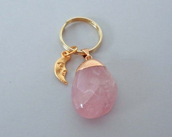 Tumbled Rose Quartz Keychain with Moon Charm / Valentines Gift / Pink Love Stone Gift