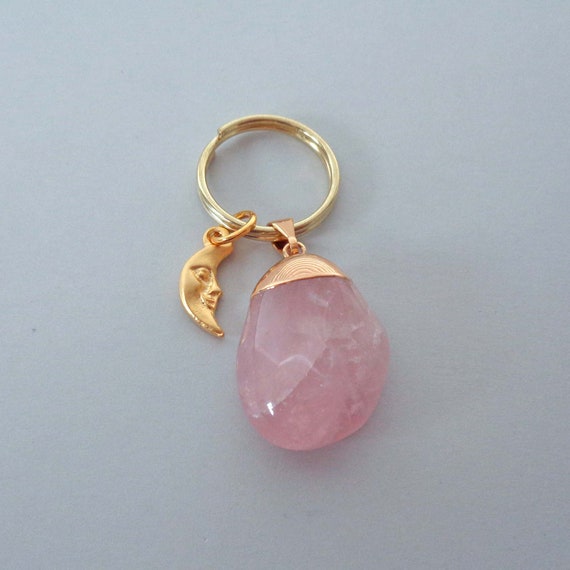 Tumbled Rose Quartz Keychain with Moon Charm / Valentines Gift / Pink Love Stone Gift