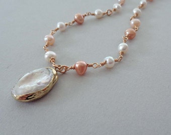 Wire-Wrapped Coin Pearl Necklace / Gold fill and Freshwater White, Pink, Peach Pearl Jewelry / June Birthday Gift / Pearl Jewelry