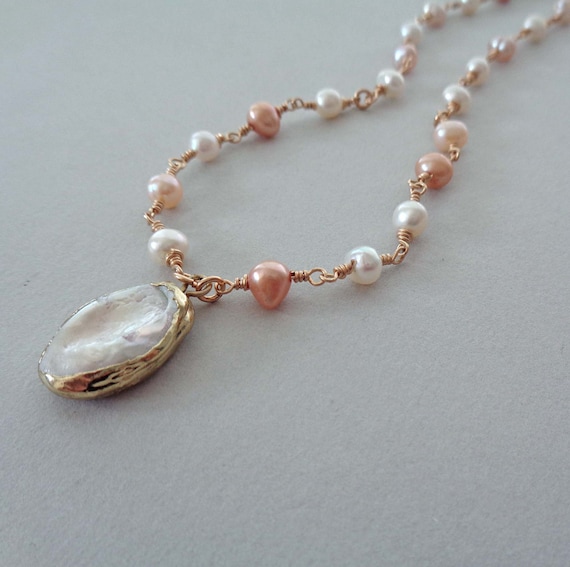 Wire-Wrapped Coin Pearl Necklace / Gold fill and Freshwater White, Pink, Peach Pearl Jewelry / June Birthday Gift / Pearl Jewelry