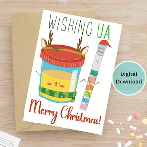 Tarjeta navideña imprimible con divertido juego de palabras sobre atención médica para médicos, enfermeras, personal de hospitales, estudiantes, farmacéuticos, técnicos de laboratorio, digital
