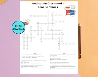 Generic Medications Crossword Puzzle: Pharmacy Students, Nurses (PDF)