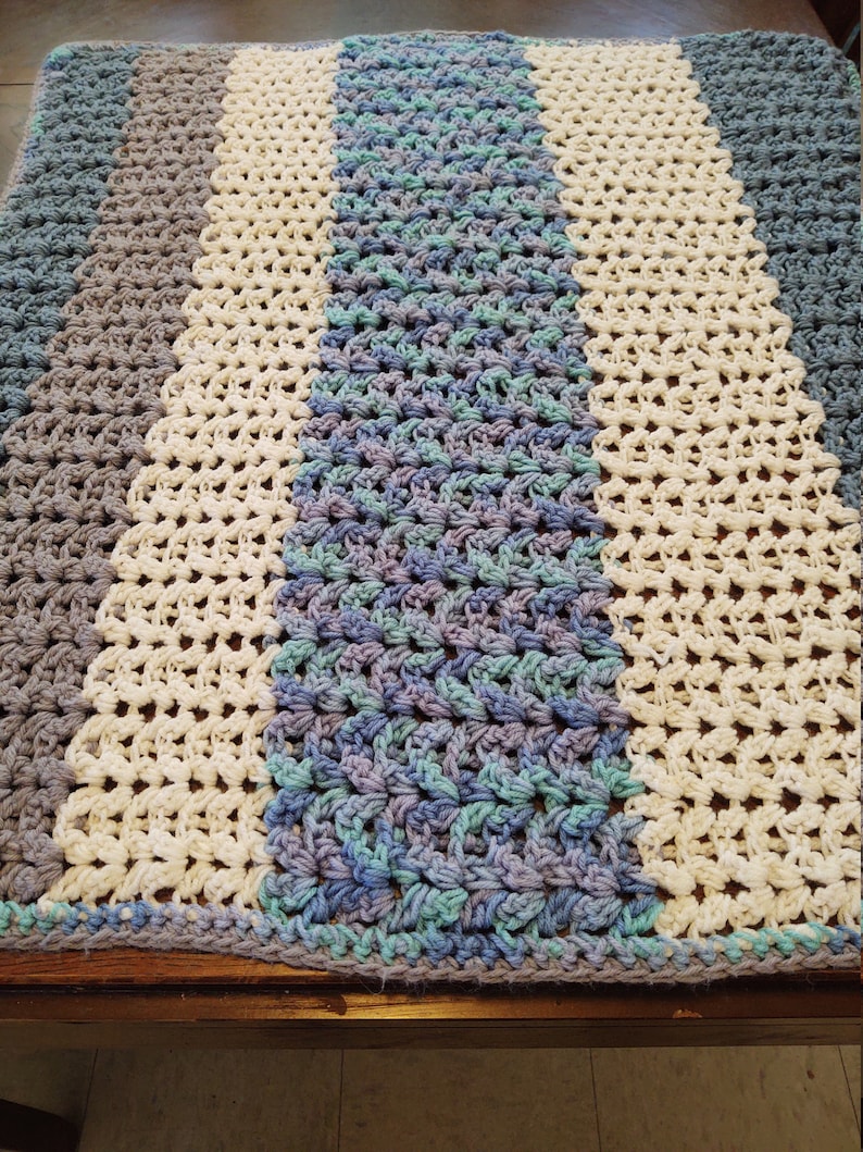 White and Gray  Striped Afghan Crocheted Lacy Blue