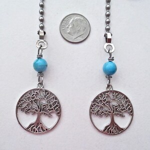 Silver Tree of Life Rounds, Turquoise and Stainless Steel Fan or Light Pull Pair