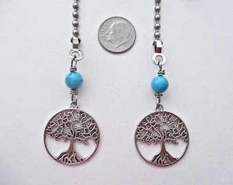 Silver Tree of Life Rounds, Turquoise and Stainless Steel Fan or Light Pull Pair