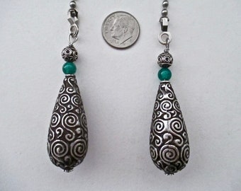 Antiqued Silver Ornate Design Teardrops, Gem Stones and Silver Fan or Light Pull Pair