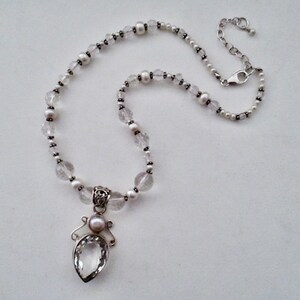 Crystal Quartz, Fresh Water Pearl and Sterling Silver Pendant/Beaded Necklace
