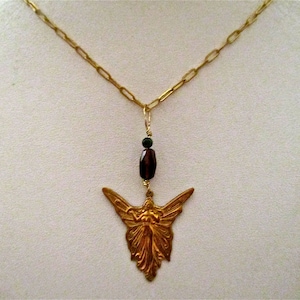 Brass Fairy and Tourmaline Pendant with Vintage Brass Link Chain Necklace