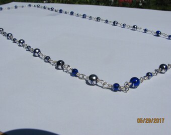 CLEARANCE.  37" Blue Glass Wire Wrapped Necklace