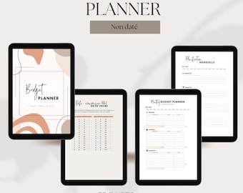 Puede incluir: Un planificador digital con un diseño abstracto en color melocotón y marrón en la portada. El planificador se titula "Budget Planner" y tiene 75 páginas. El texto "Non daté" está en la portada. El planificador incluye páginas para la presupuestación mensual, el seguimiento de los gastos y el establecimiento de objetivos financieros.