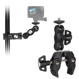 May include: Black camera mount with a clamp and adjustable arm. The mount is designed to attach to a pole or other surface. A camera is attached to the mount, displaying a person riding a bike. The mount has the text "TEK BRITE" on it.