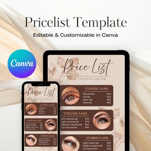 Op de afbeelding: Een digitale prijslijst sjabloon voor een wimpersalon, weergegeven op een tablet en smartphone. Het ontwerp heeft een beige achtergrond met bloemaccenten en de tekst "Price List" en de opties "Classic Lash", "Volume Lash" en "Hybrid Lash".